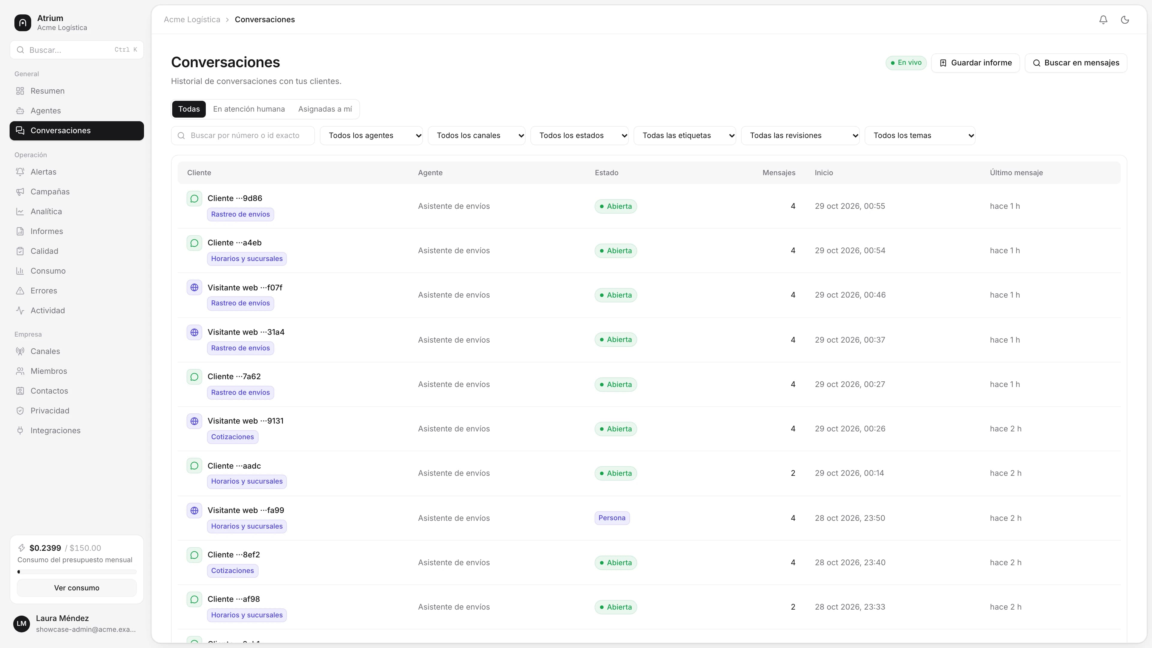 Atrium AI conversation list for a logistics company answering on WhatsApp and web chat